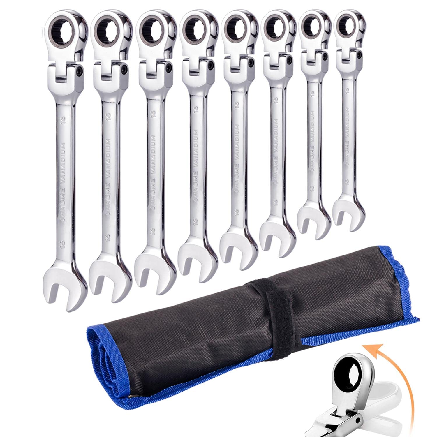 Qnkaa Flexible Ratchet Wrench Set 8pcs 9-17mm Spanner Gear Ring Ratcheting Combination Flexi Wrenches Kit Metric Flex Head