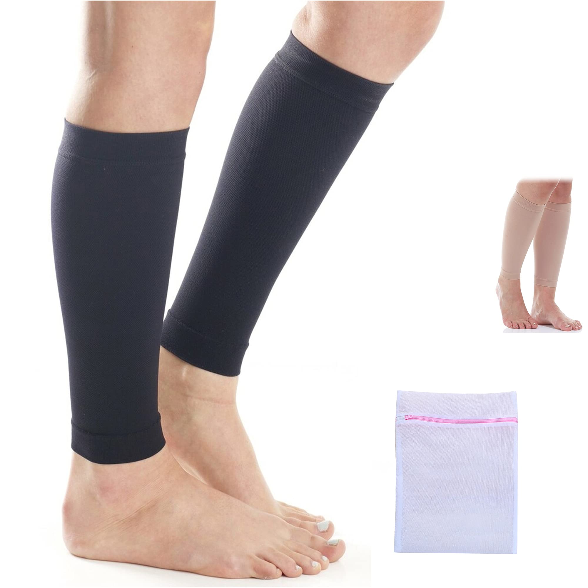 360 RELIEF Compression Calf Sleeves - for Torn Muscle Cramps Sports | Workout, Shin Splints, Circulation, Fitness, Running, Jogging, Marathon, Hiking | 1 Pair Small, Black with Mesh Laundry Bag |