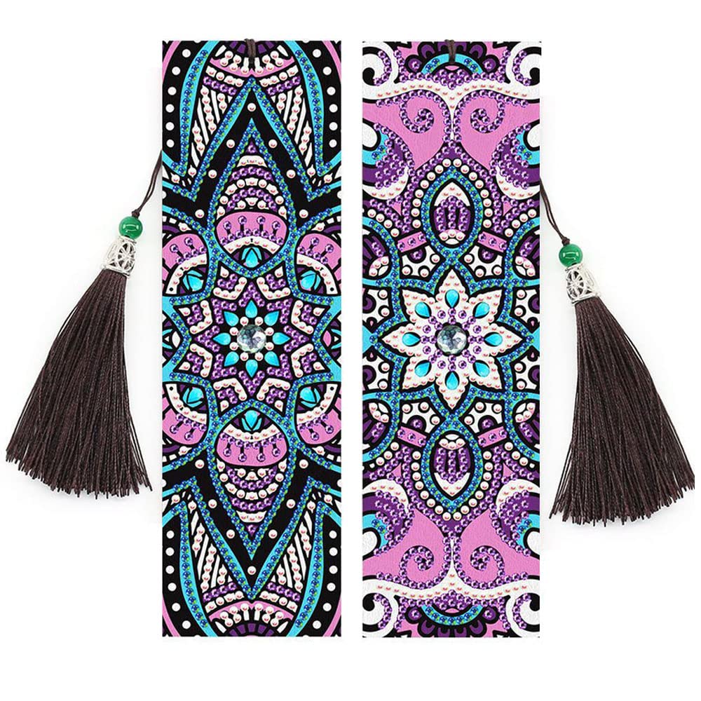 2 Pieces DIY Diamond Bookmark, Leather Embroidery Bookmark, Diamond Painting Bookmark, with Tassels, for Students, Adults, Beginner, Home, Office, School (E)