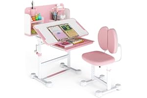 HONEY JOY Kids Desk and Chair Set, Height Adjustable Children School Study Table and Chair w/Tiltable Desktop, Bookshelf, Sto