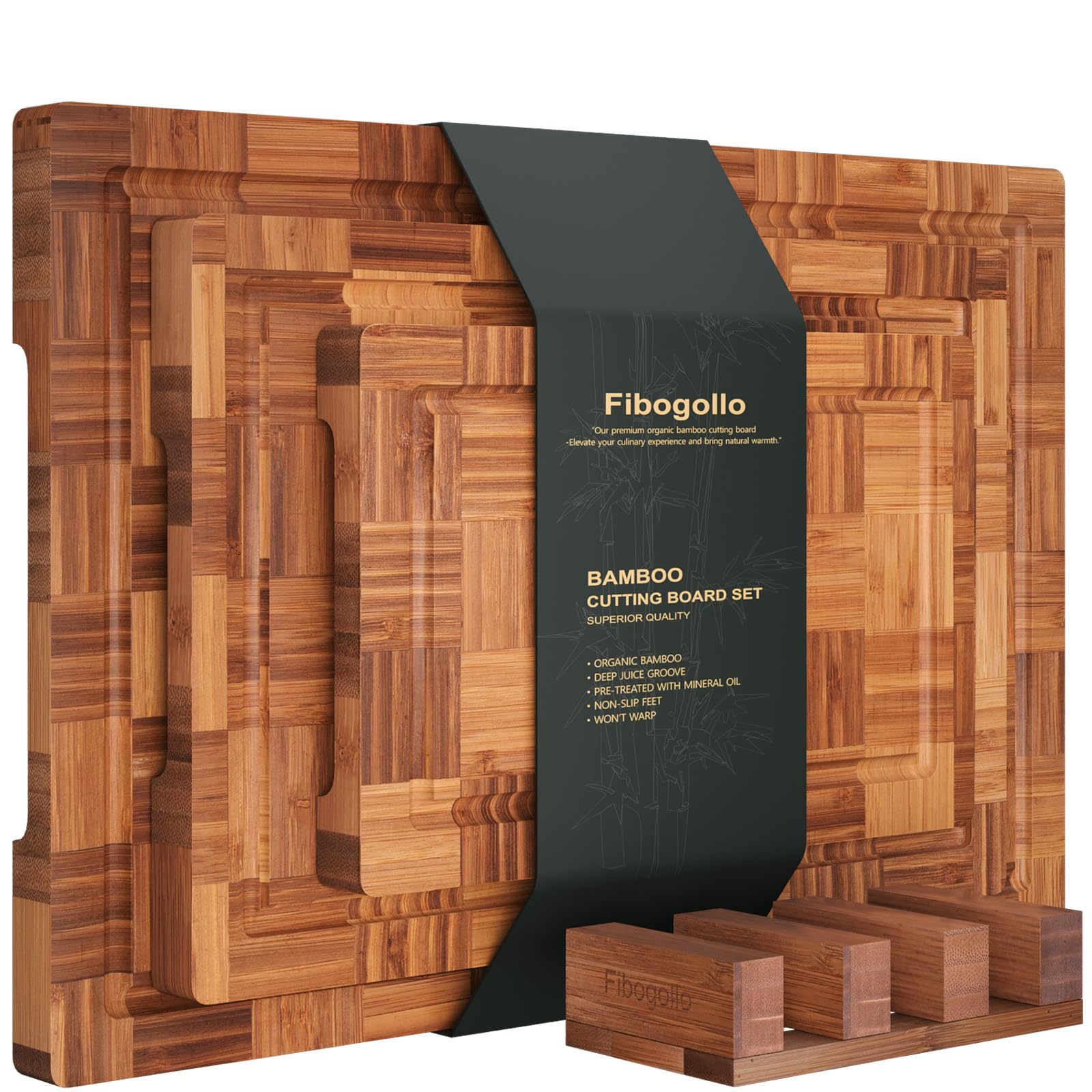Photo 1 of Fibogollo Bamboo Cutting Boards for Kitchen,Chopping Boards Set with Juice Groove,End Grain Bamboo Butcher Block,Serving Board with Holder(3 Pcs)