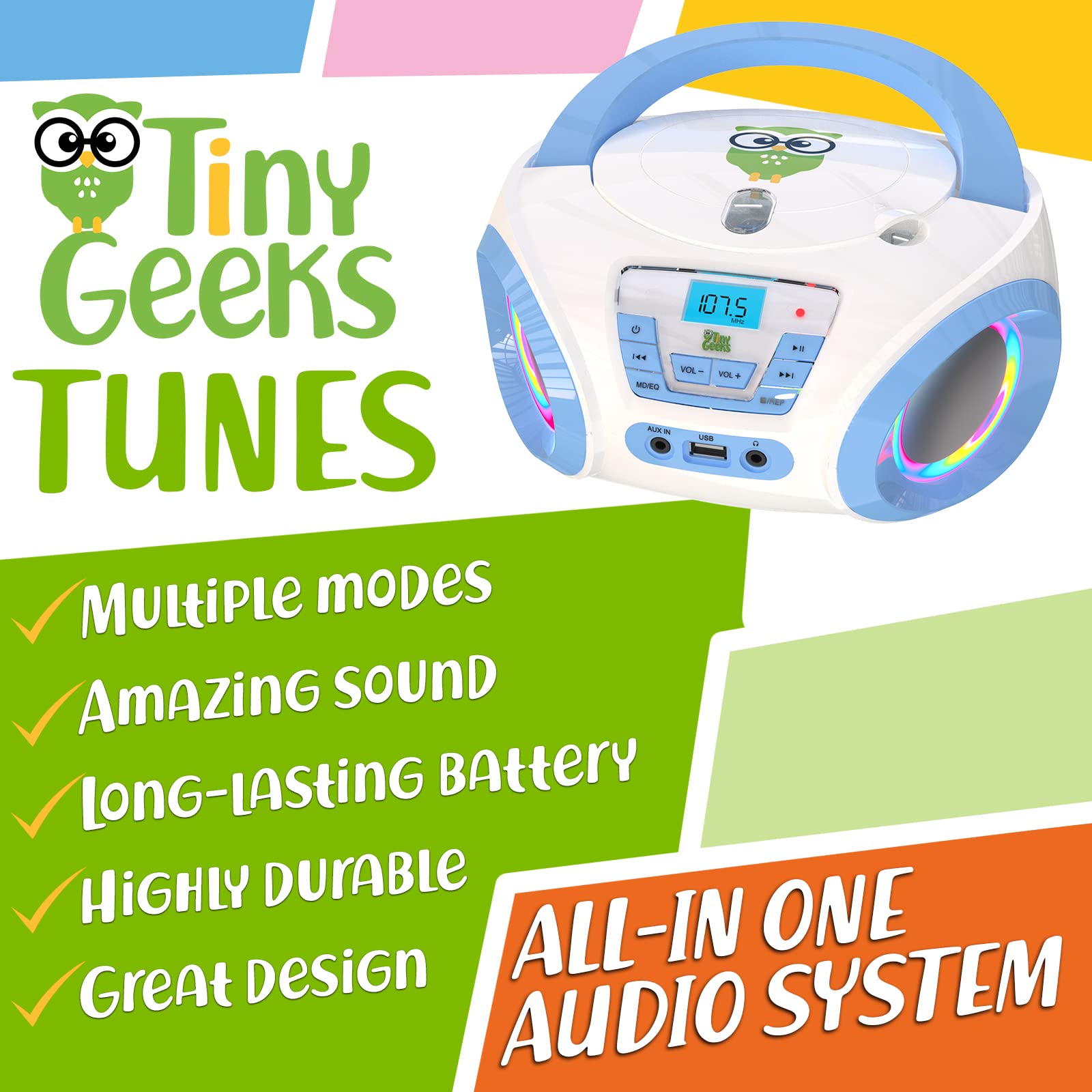 Tunes Kids Boombox CD Player for Kids - NEW 2023 - FM Radio - Batteries Included - Cute white Radio cd Player with Speakers for Kids and Toddlers - Blue