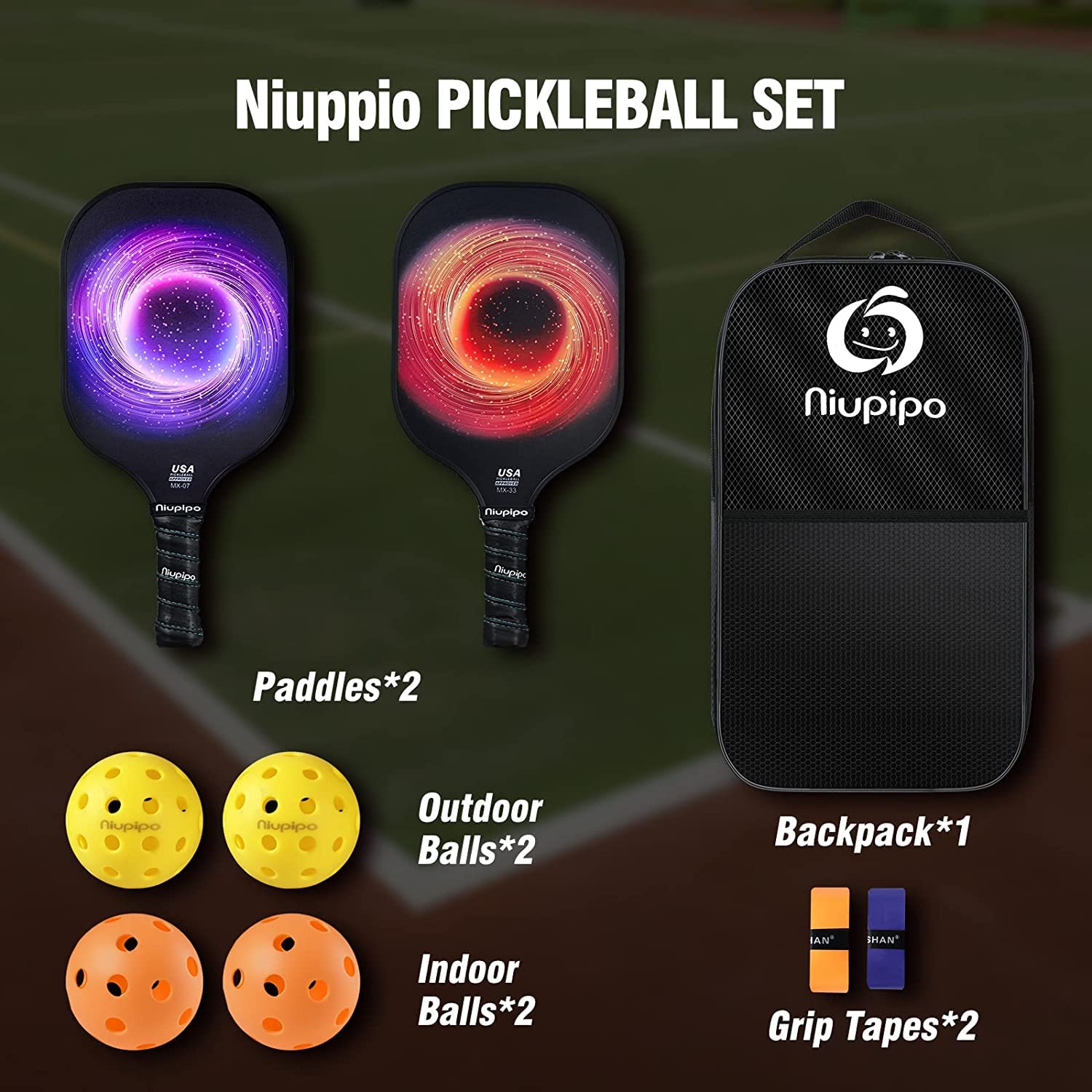 niupipo Pickleball Paddles Set of 2/4, USAPA Approved Lightweight Pickleball Rackets, Durable Fiberglass Surface with Polypropylene Honeycomb Core, Cushion Grip and Carry Bag
