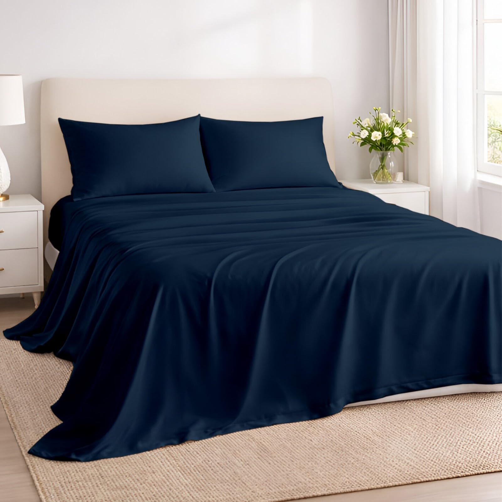 Photo 1 of Rajlinen 100% Cotton Full Sheets Set, Cooling & Breathable Bed Sheets, 16 Inch Deep Pocket Fitted Sheet with All-Around Elastic, Soft & Durable Bedding Set, Navy Blue Solid