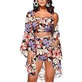 KEYUFANG Women 3 Piece Vocation Outfits Summer Suit Floral Kimono Cardigans Beach Cover Up Crop Cami Top Short Set