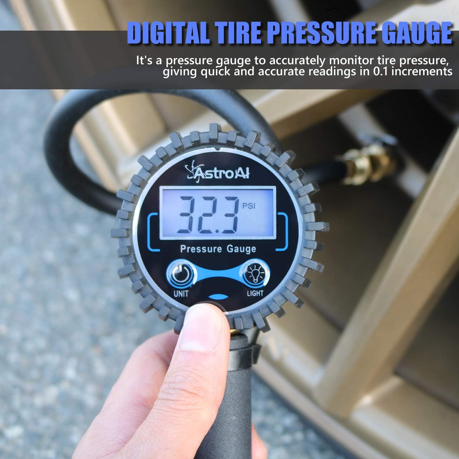 AstroAI Digital Tire Inflator with Pressure Gauge, 250 PSI Air Chuck and Compressor Accessories Heavy Duty with Rubber Hose and Quick Connect Coupler for 0.1 Display Resolution: Automotive