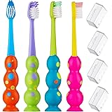 kids Toothbrushes 4 Pack - Soft Contoured Bristles - Child Sized Brush Heads (3-10 Year Old) - Suction Cup for Fun & Easy Sto