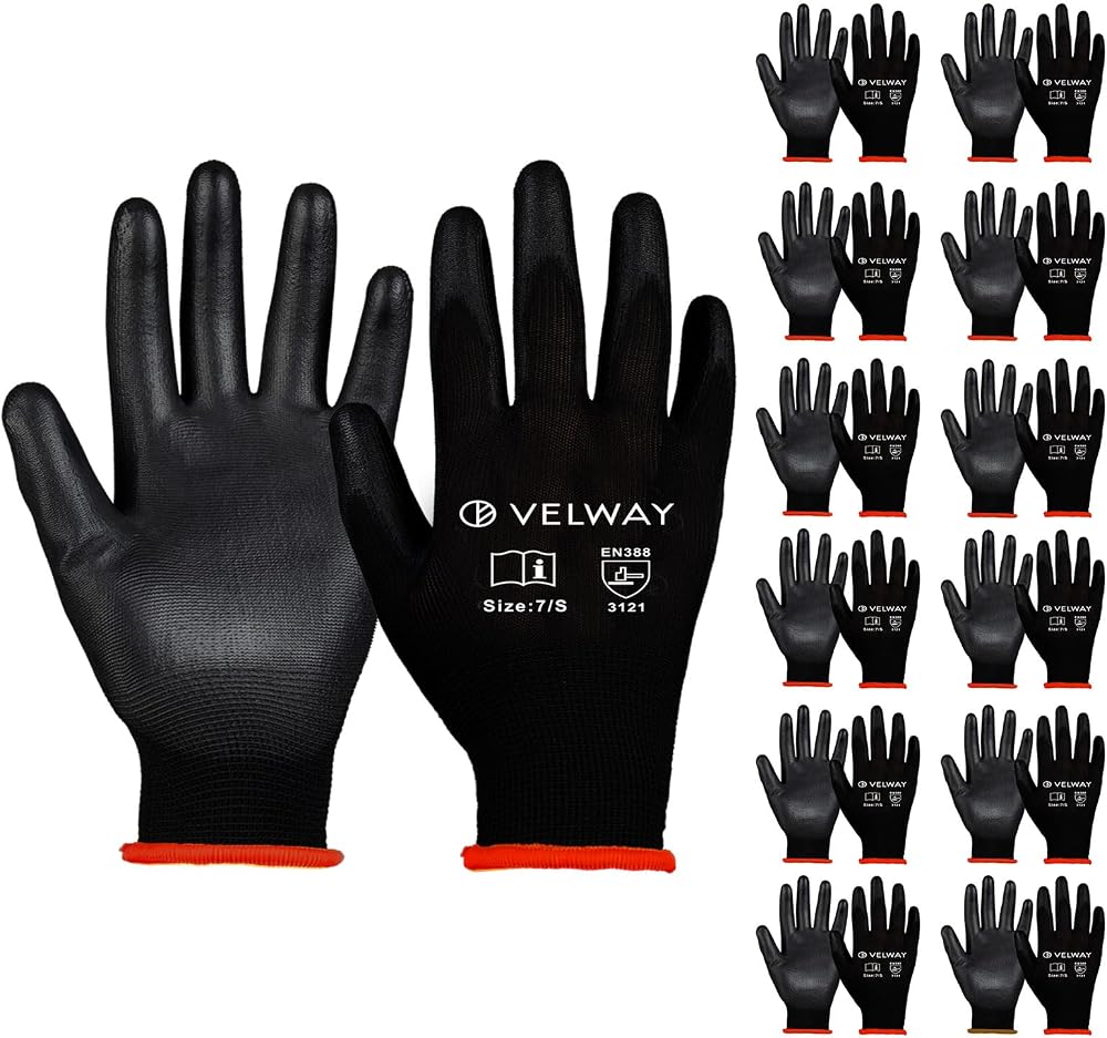 Velway Safety Work Gloves 12 Pairs PU Coated Non-Slip Gardening Mechanic Size S