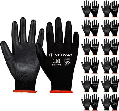 Velway Safety Work Gloves 12 Pairs PU Coated Non-Slip Gardening Mechanic Size S
