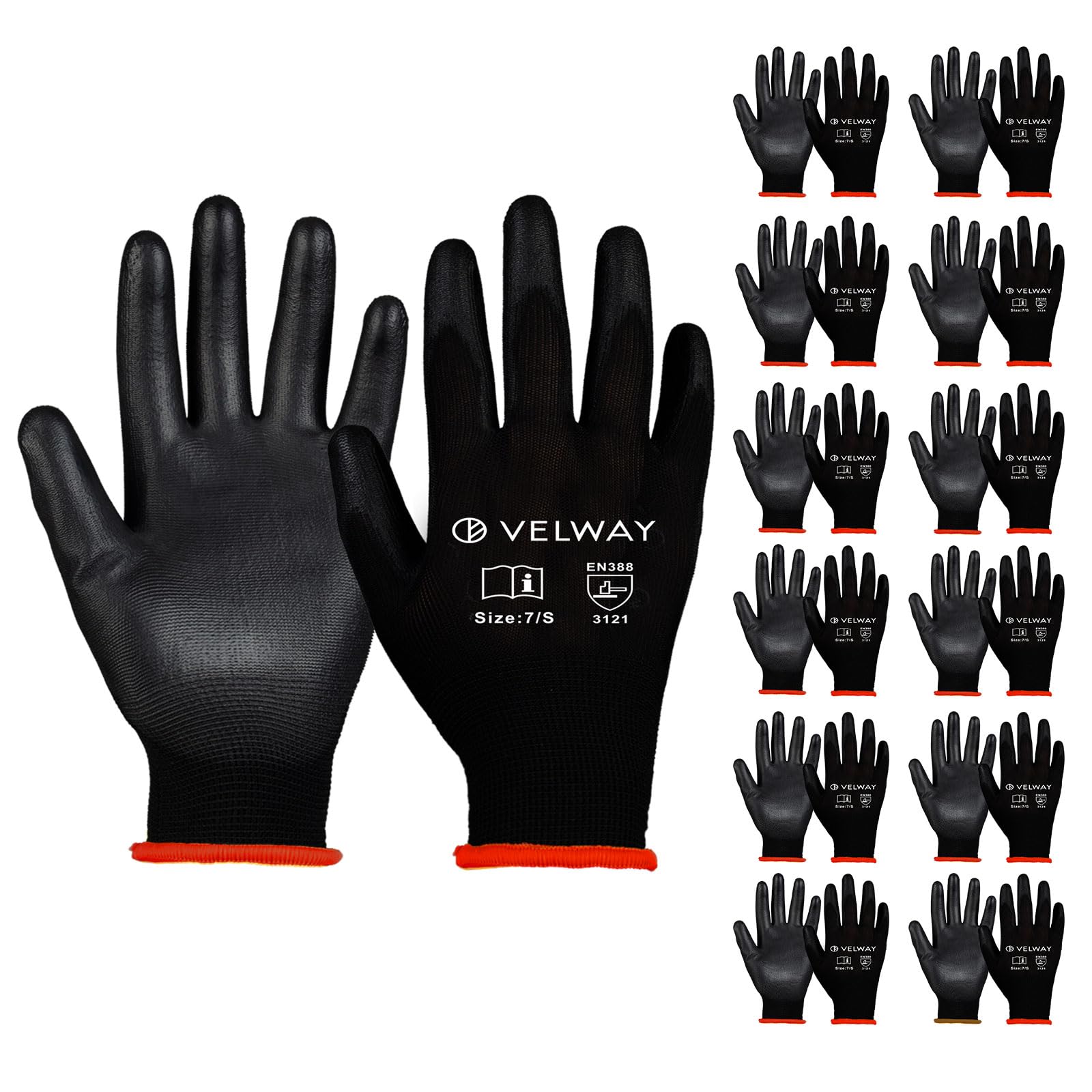 Velway Safety Work Gloves - 12 Pairs Non-Slip PU Coated Gardening & Mechanic Gloves for Men & Women (Black, Size 7/S)