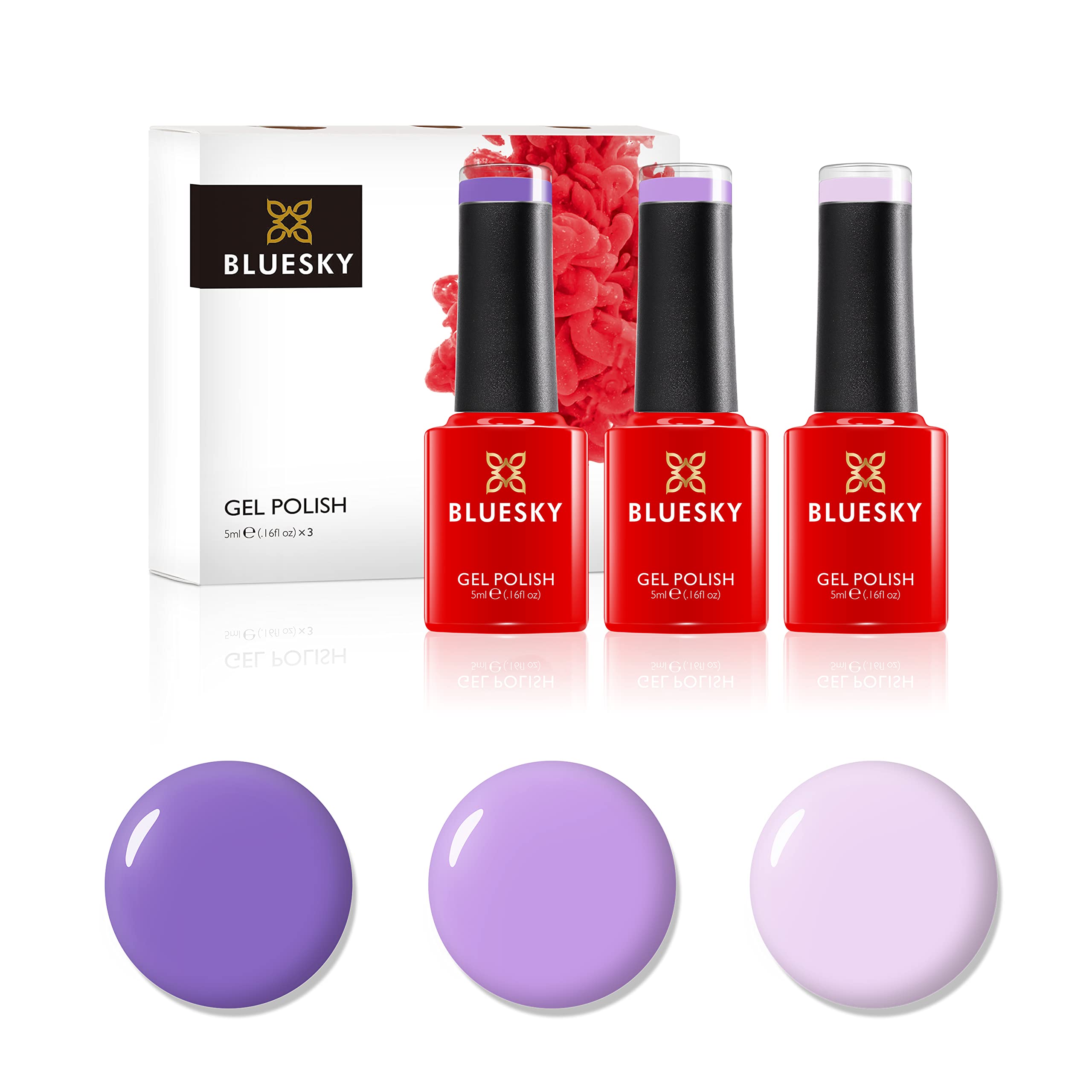 Bluesky Gel Nail Polish Set, Luscious Lilacs, Satin Sheets Nd01, Lavender Neon23, Lilac Longing 80548, 3 x 5 ml, Purple, Mauve (Requires Curing Under UV or LED Lamp)