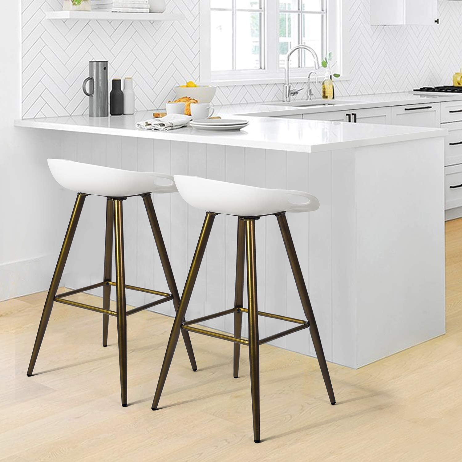 Bar Stool Set of 2 - Contemporary Black Acrylic Fixed Height Barstool PP Seat with Metal Tube Leg