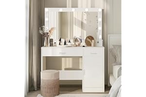 Likein Vanity Desk with Mirror and Lights, Makeup Vanity Desk with Lights, Modern Dressing Table with Charging Station 2 Drawers & Cabinet for Girls Women