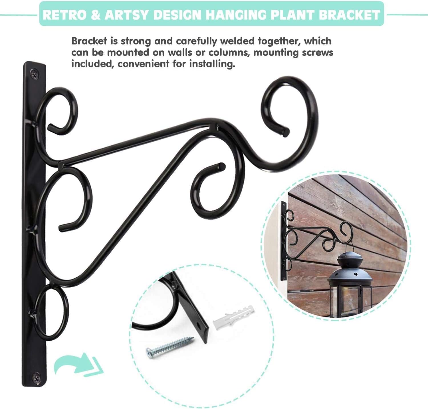 KSS 2Pcs Iron Plant Hanger Wall Hooks,Hanging Basket Brackets Wrought Iron Bracket for Lantern Planter Flower Hanger Fence (Black) - Image 4