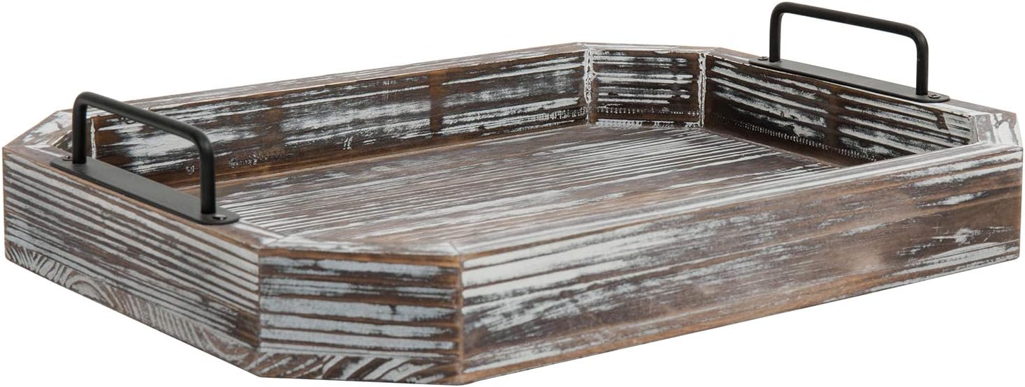 MyGift 16 Inch Rustic Torched Wood Serving Tray with Decorative Matte Black Metal Handles: Home & Kitchen