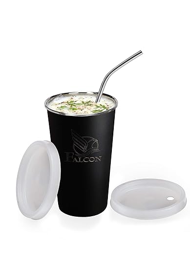 Falcon Stainless Steel Glass With Straw And Lid - 1 Piece, Black, 300 ml