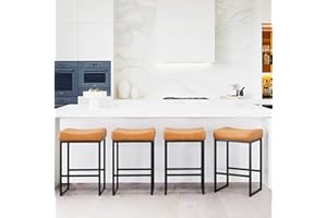 LUE BONA Counter Height Bar Stools, 24" Square Saddle BarStools Set of 4, Modern Backless Faux Leather Counter Stool with Black Metal Legs for Kitchen Island Counter,Home Bar,Bistro,Whisky Brown