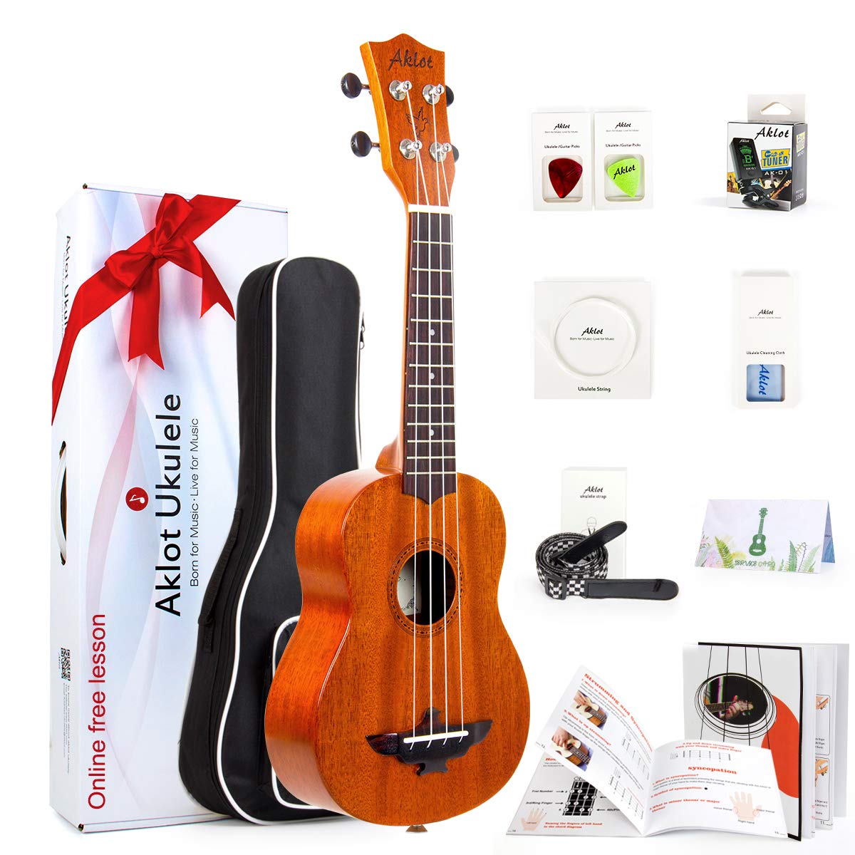 Aklot Soprano Ukulele 21 Inch Solid Mahogany Ukelele beginner kit with Gig Bag Tuner Strap String Instruction Booklet