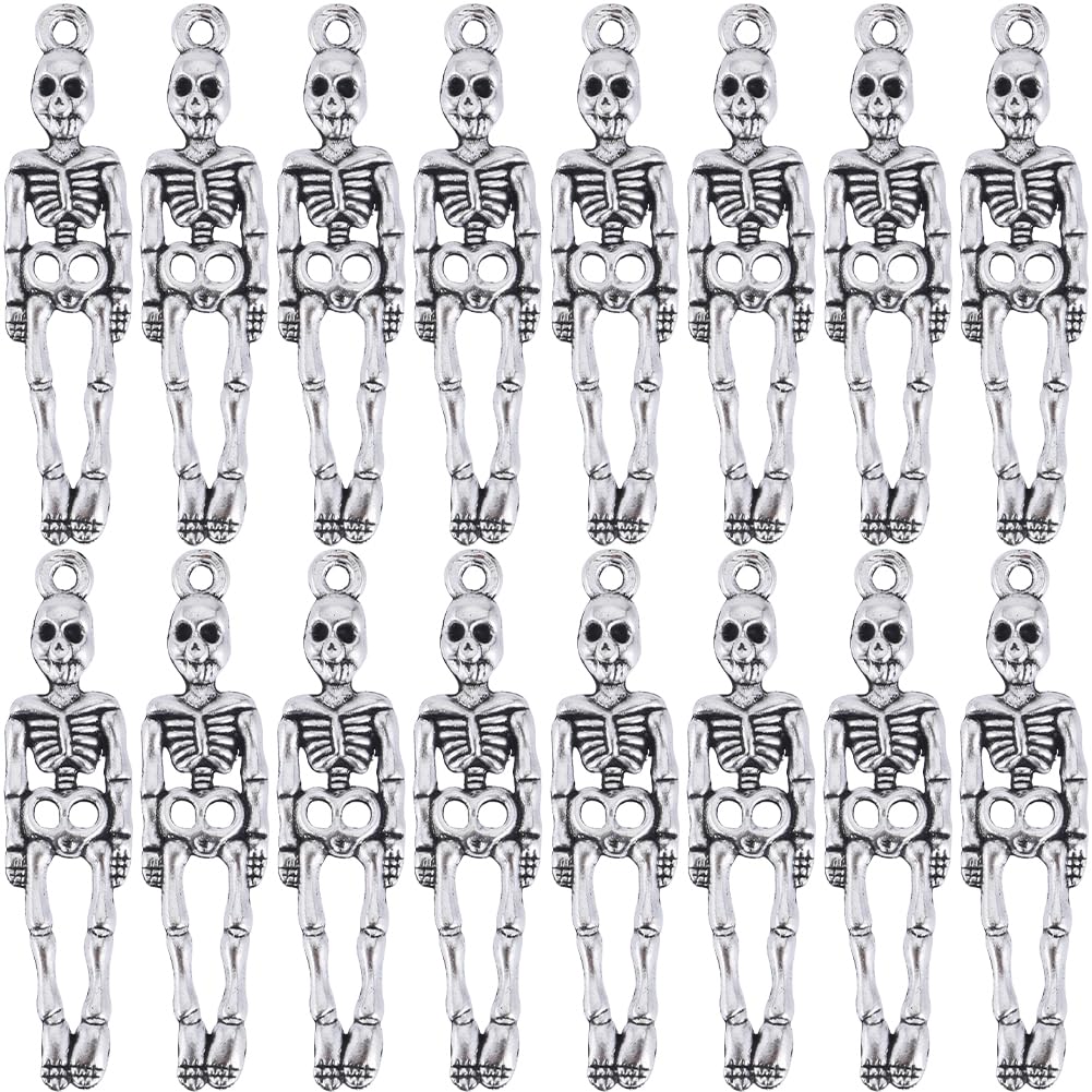 SUNNYCLUE 1 Box 80Pcs Skeleton Charms Bulk Alloy Skeleton Charm Tibetan Antique Silver Metal Halloween Skull Body Bone Charm for jewellery Making Charms Supplies DIY Crafting Necklace Bracelet Beginne