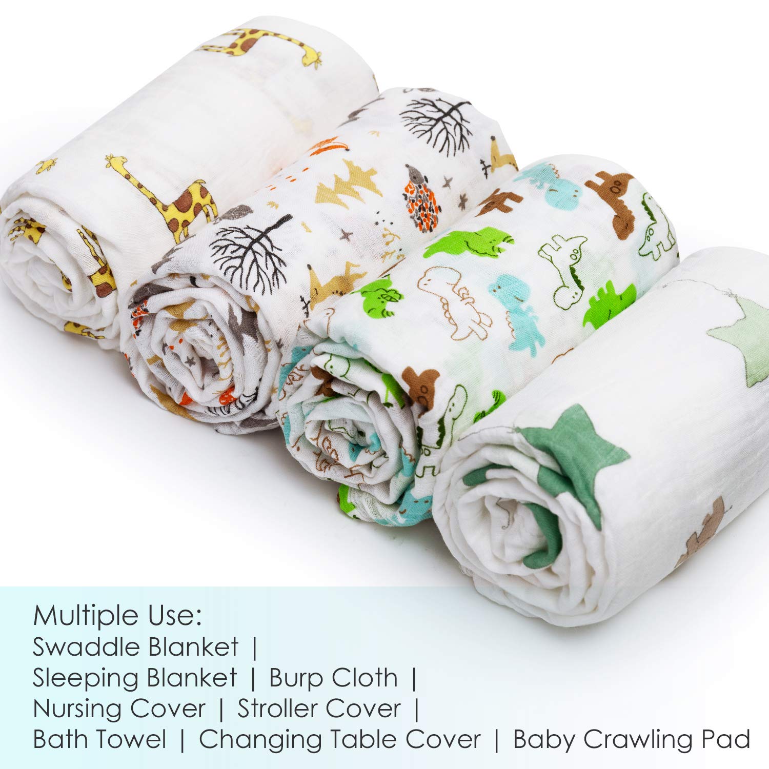 Baby Swaddle Blanket Upsimples Unisex Swaddle Wrap Soft Silky Bamboo Muslin Swaddle Blankets Neutral Receiving Blanket for Boys and Girls, 47 x 47 inches, Set of 4 - Fox/Elephant/Giraffe/Dinosaur: Baby