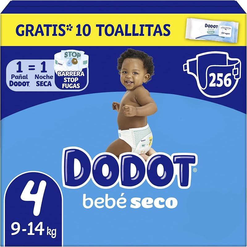 Pañales Bebé-Seco, Talla 4 (9-14 kg), 256 Pañales + 1 Pack de 10 Toallitas Regalo de Aqua Plastic Free, Una Noche Hasta Un 100% Libre De Fugas, Pack Mensual