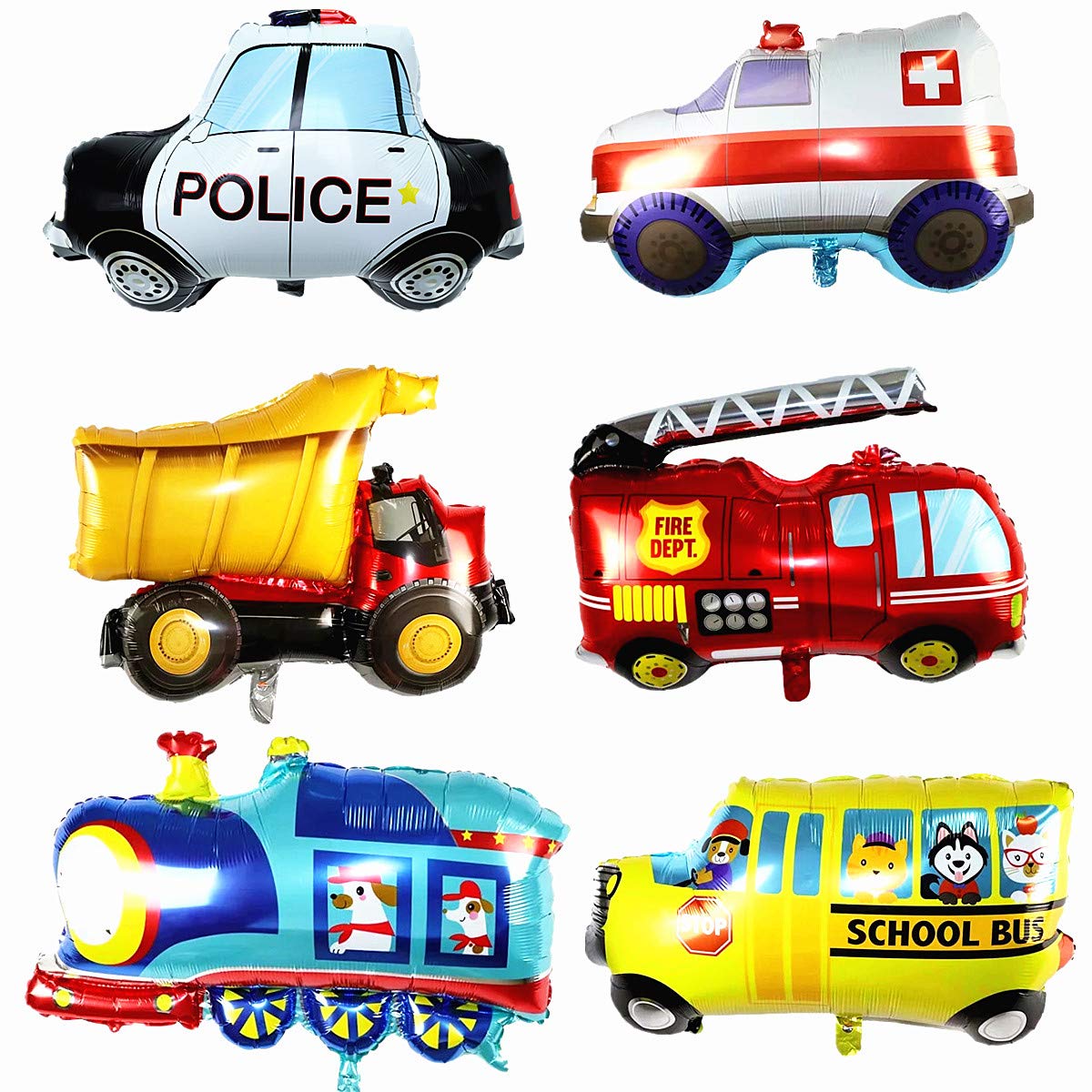 6 Pack Vehicle Balloons for Party Decrations,Large Car Police Car Ambulance Engineering Truck Fire Truck Train Schoolbus Shaped Foil Balloons for Birthday Wedding Summer Luau Party Accessories