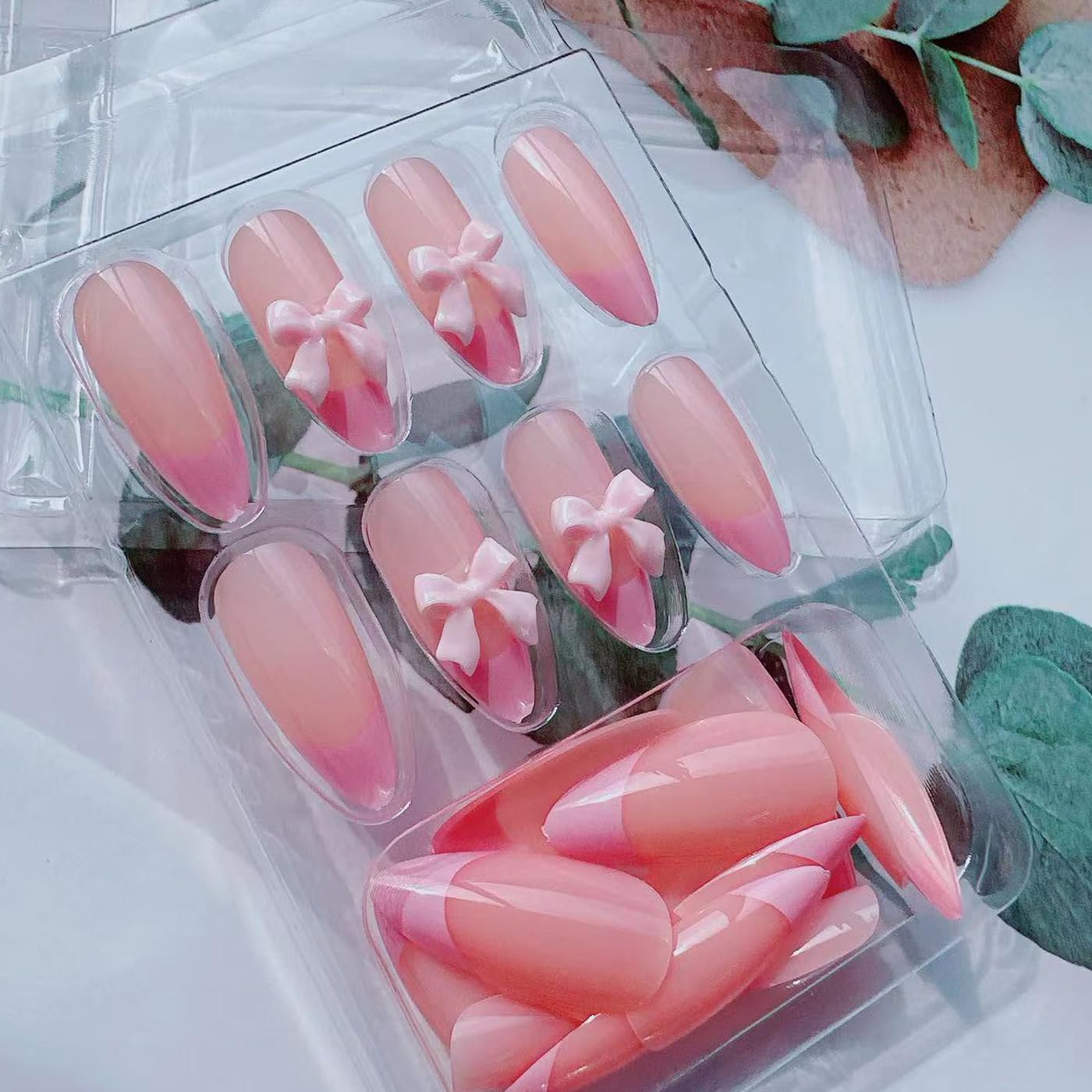 24Pcs French Tip Press on Nails Fake Nails with Pink Bow Design Gloss Short Almond-Shaped False Nails Cute Bow Press ons Stick on Nails Acrylic Artificial Fingernails for Women Girls - Image 7
