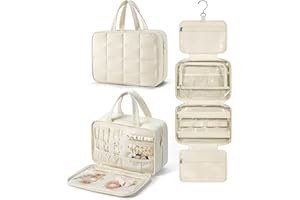 BAGSMART Travel Toiletry Bag with Jewelry Organizer, Hanging Travel Bag for Toiletries, Puffy Makeup Cosmetic Bag Organizer, Carry-on Travel Accessories Essentials, Beige-L
