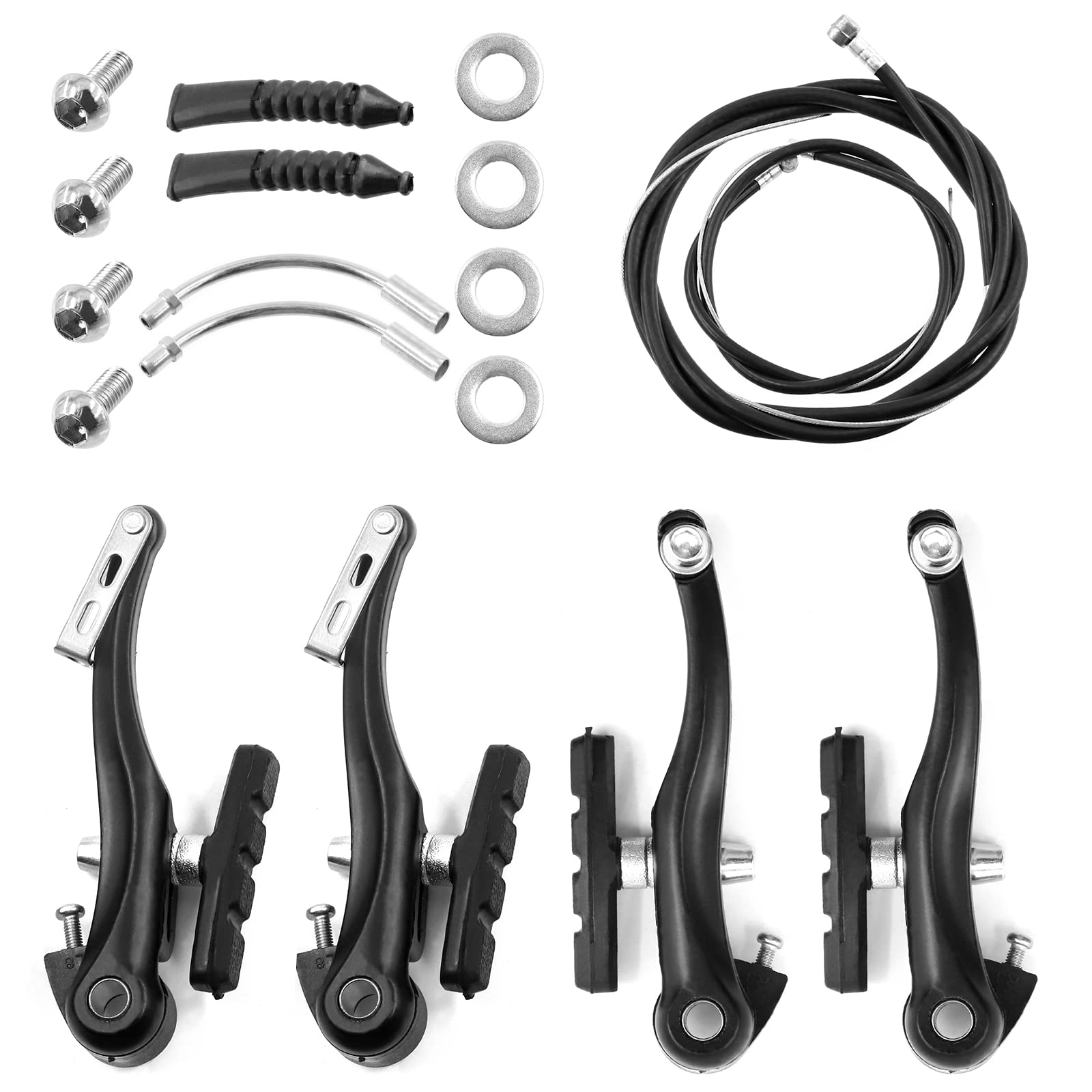 Glarks 6Pcs Bike Brake Set Includes 2 Pairs 4Pcs V-Bike Brakes, 2Pcs Black Front and Rear Brake Cables Professional Bicycle Brake Lines for Mountain Road Bikes