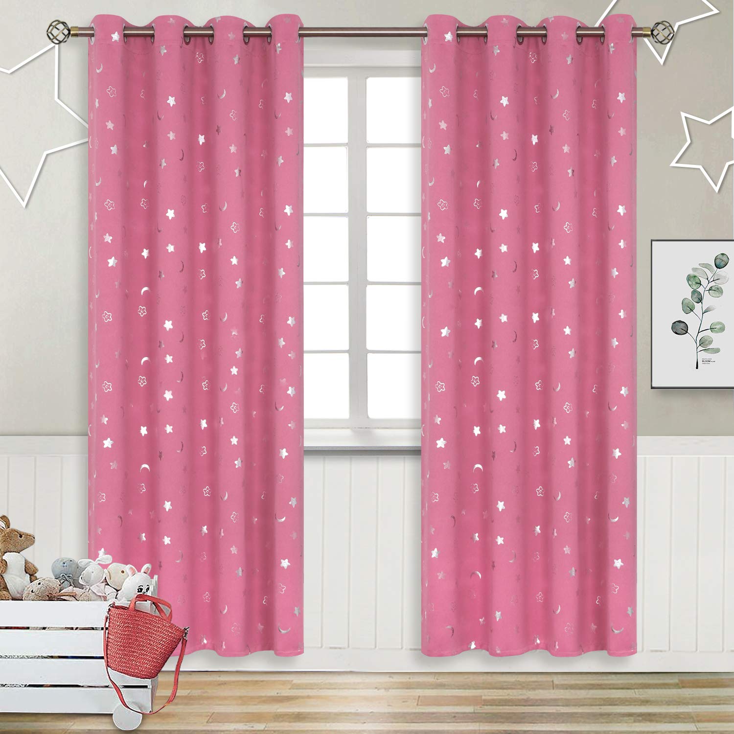 BGment Pink Curtains for Girls Bedroom 84 Inch Length, Star and Moon Blackout Curtains for Kids Babys Bedroom, Room Darkening Thermal Insulated Window Grommet Curtains for Nursery, 52 Wide, 2 Panels
