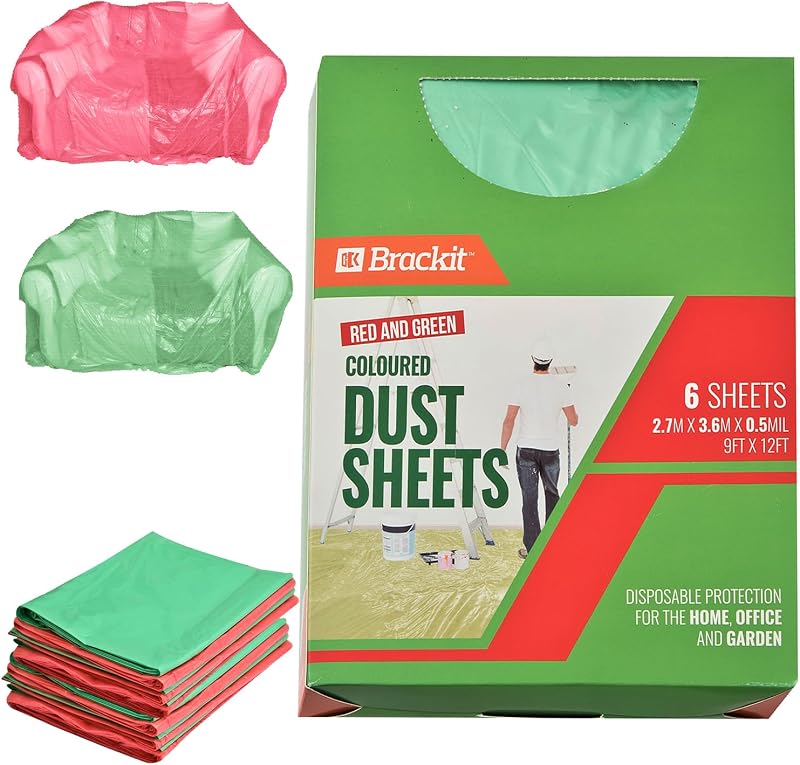Brackit 6-Pack Plastic Dust Sheets 3.6m x 2.7m Red & Green Dustproof Waterproof