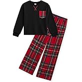 JiAmy Girls Clothes Solid Long Sleeve Tops Plaid Wide Leg Pants With Pockets 2 Pcs Outfits Size 5-14