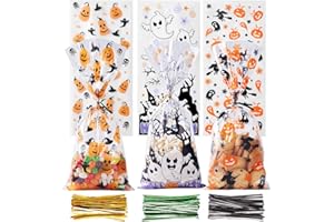 CCINEE Halloween Cellophane Treat Bags,150pcs Halloween Plastic Clear Candy Bags with 300pcs Twists for Snacks Cookies Packin