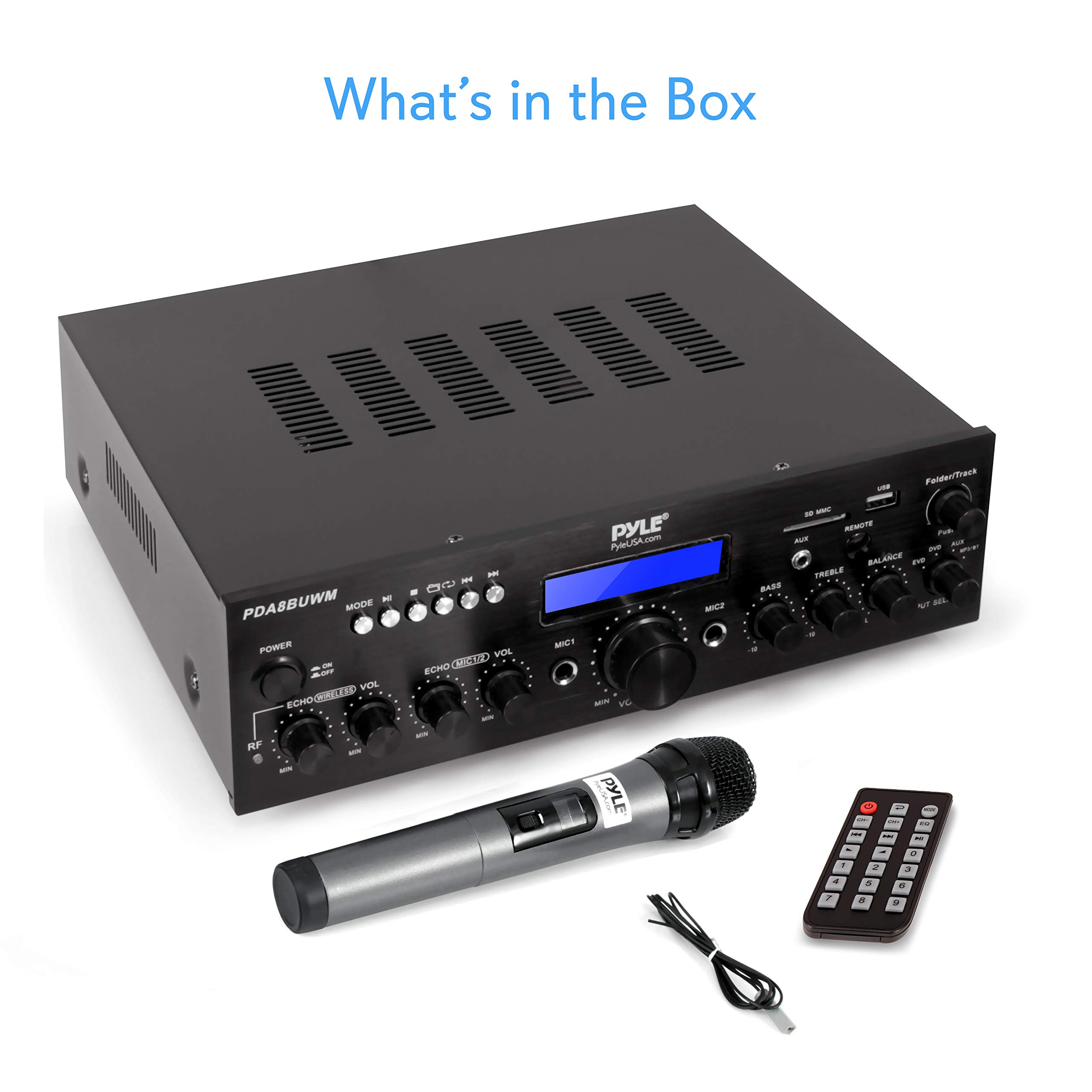 Wireless Microphone Power Amplifier System - 200W Dual Channel Sound Audio Stereo Karaoke Speaker Receiver w/ USB, AUX, Microphone IN w/ Echo, Radio,Home Theater via RCA, Studio Use - Pyle PDA8BUWM