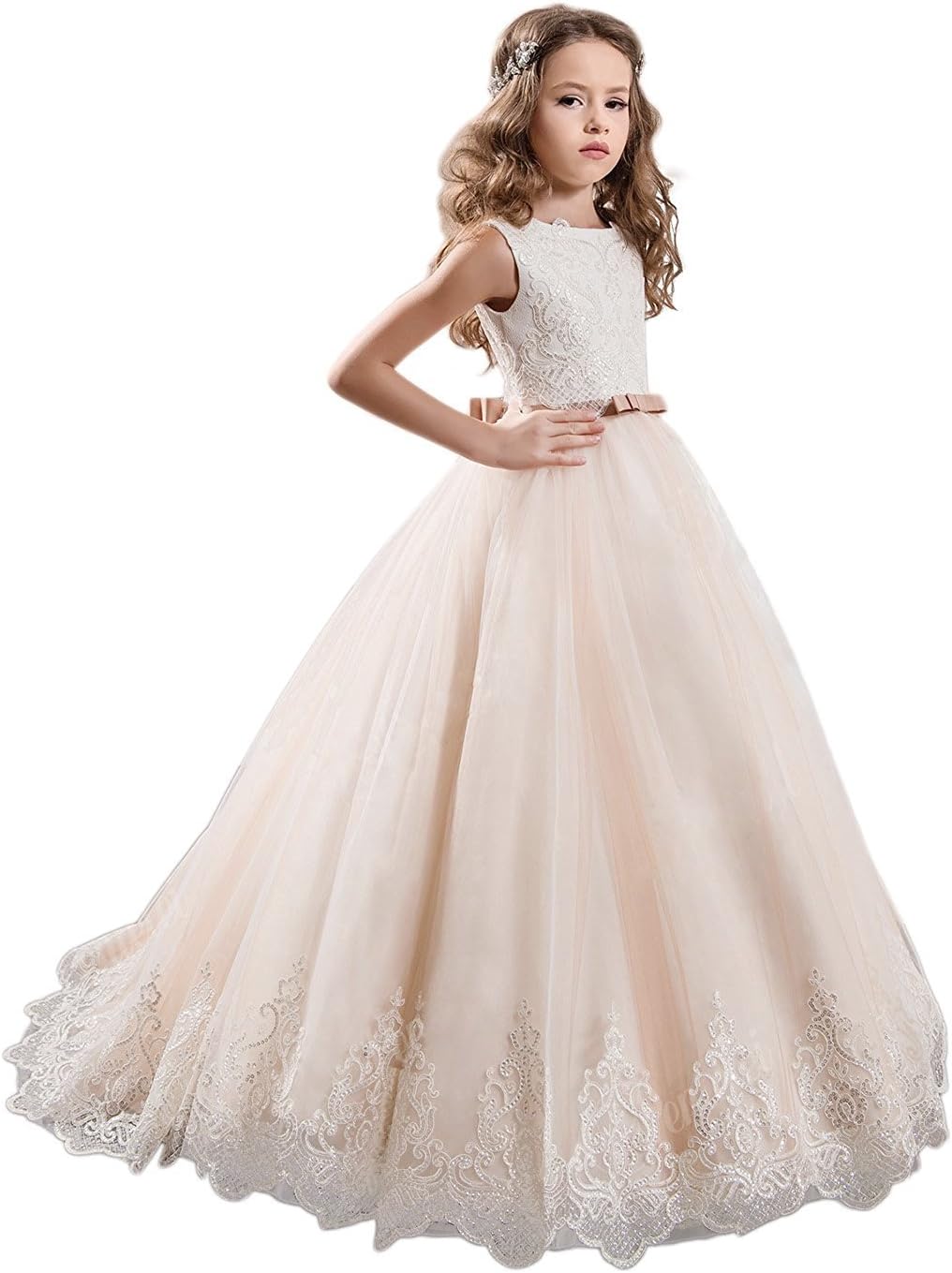 KissAngel Ivory Long Lace Flower Girl Dresses Champagne Less Party Dress (9, Ivory &Champagne)