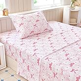 Homilay Twin Sheet Set Kids - Pink Check 3 Pieces Soft Microfiber Cartoon Style Bedsheets for Boys Girls Teens, Oeko TEX Breathable 15 Inch Deep Pocket Sheets(Pink Bow)