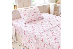Homilay Twin Sheets Set Kids - 3 Piece Pink Bow Sheets for Boys, Girls, Teens, Toddler, Easy Fit Deep Pockets, Breathable, Wrinkle-Free, Cozy Soft Cartoon Print Cute Bed Sheets