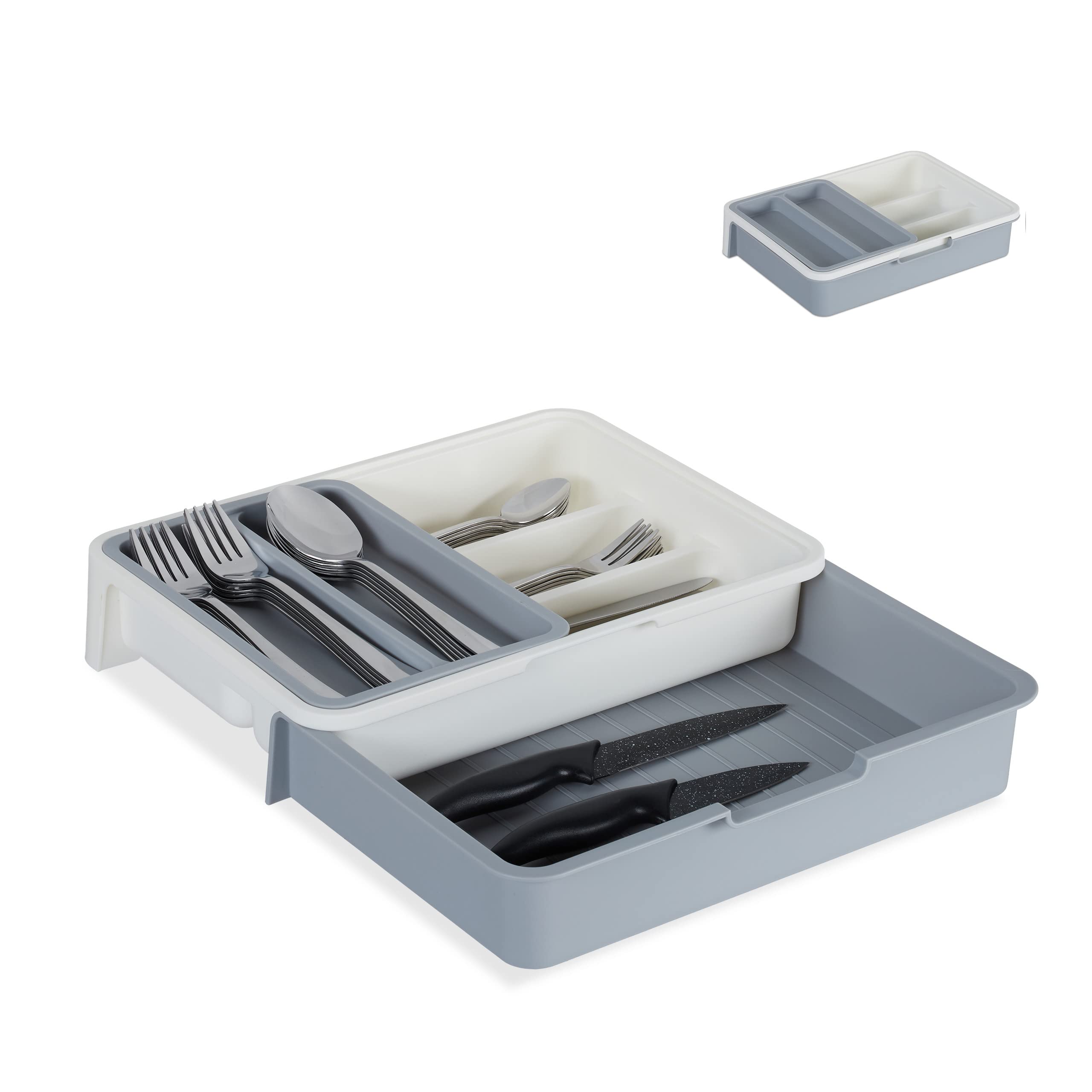 Relaxdays 10027748_111 Cutlery Tray, Extendable, 7 Compartments for Silverware & Kitchen Utensils, HWD 6x23.5x31.5 cm, Grey, Plastic