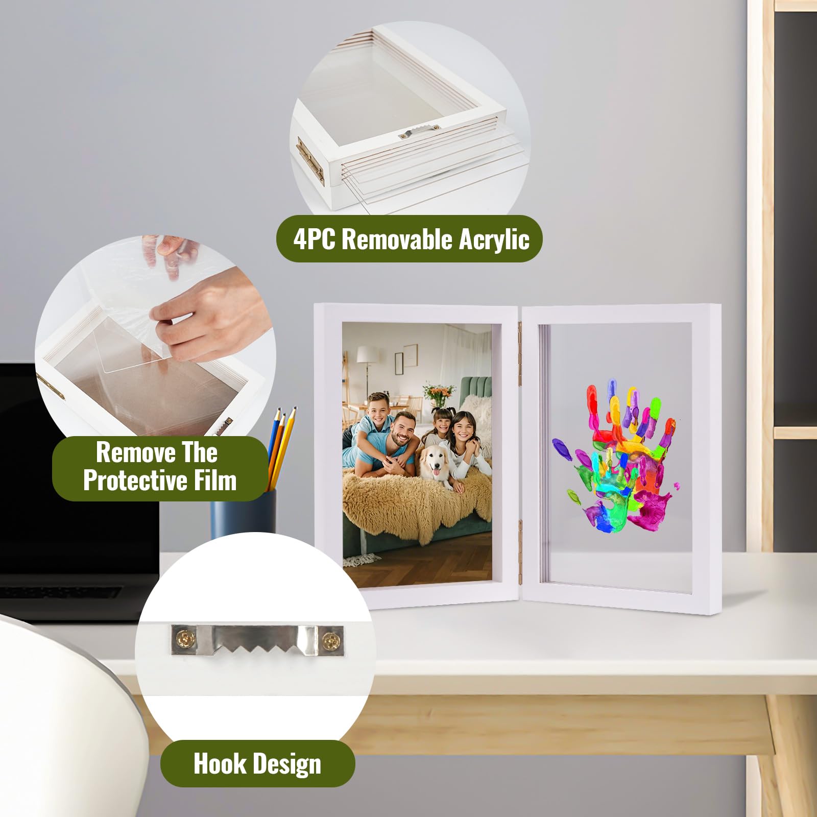 Family Handprint Kit, DIY Baby Hand and Footprint Handmade Keepsake Wooden Frame, Family Gifts with 5 Non-Toxic Baby-Safe Paint, Ideas Gift for New Parents, Grandparents, Father's Day, Mother's Day