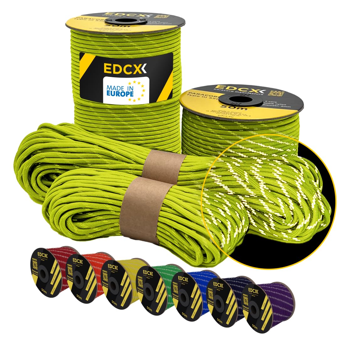 EdcX 4 mm Reflective Paracord 550 (15, 30, 50 m) – Tear-Resistant Parachute Cord for Survival Made of 100% Nylon, 4 mm Type III with 7 Wires (Reflective Sofit Yellow, 30 m) — image 1