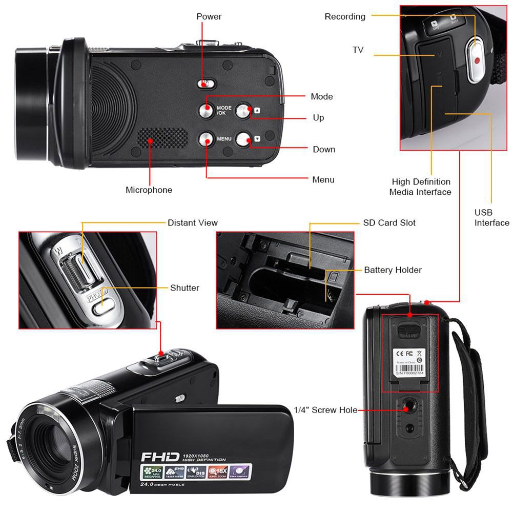 SEREE HDV-M06 FHD 1080p Video Camcorder 24MP 18X Digital Zoom Self Timer Beauty Face Camera HDMI Output (HDV-M06)