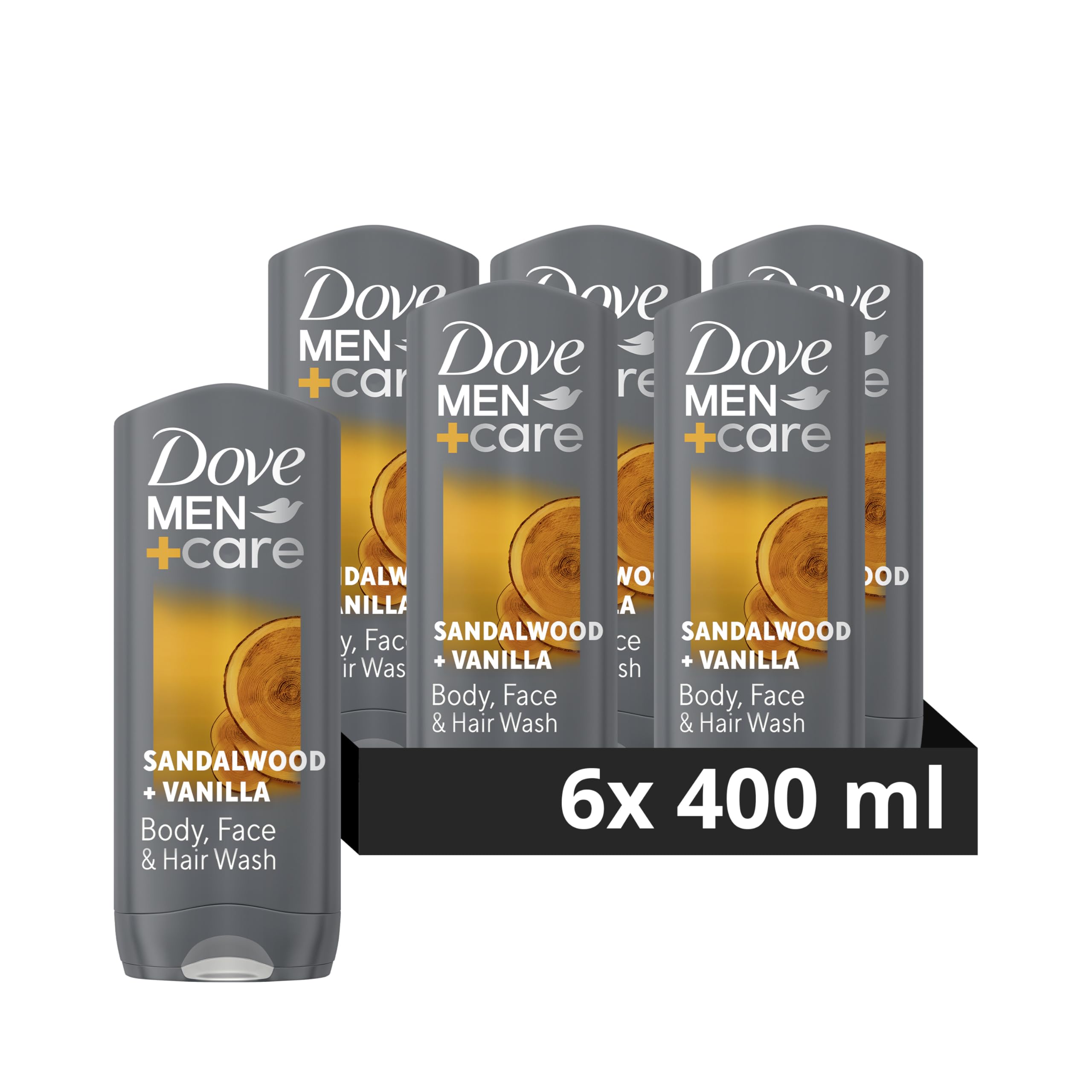 Dove Men+Care Sandalwood & Vanilla Men's Body Cleanser shower gel Body Wash with MicroMoisture technology 3-in-1 Hair, Face and Body Wash for 24 hour nourishment 400 ml, Pack of 6