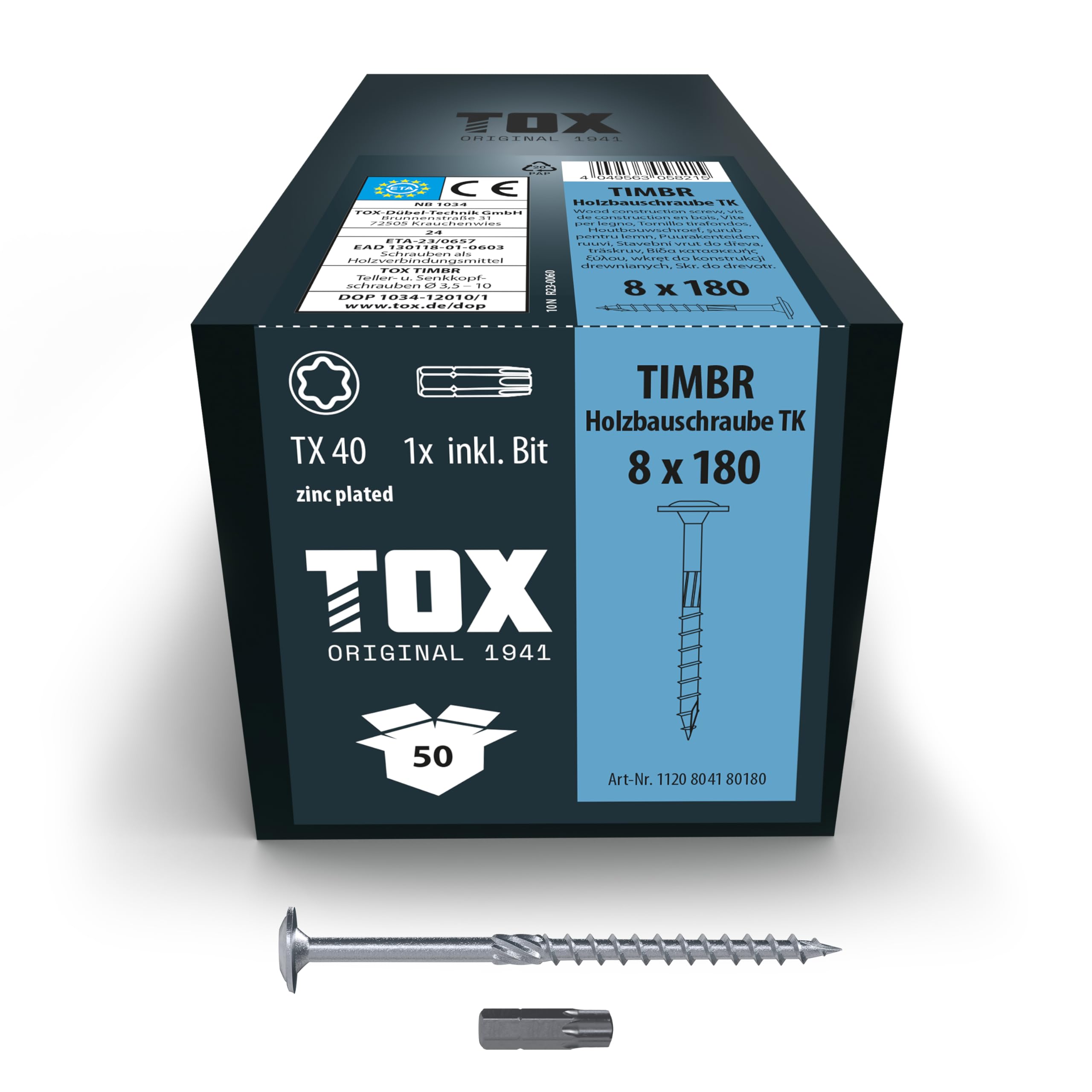 TOX Timbr TK 1120804180180 Wood Screws 8.0 x 180 mm, Blue Galvanised with Flat Head, TX40, Screws for Easy Screwing and High Load Capacity in Wood Construction, Pack of 50 in Box Including 1x Bit