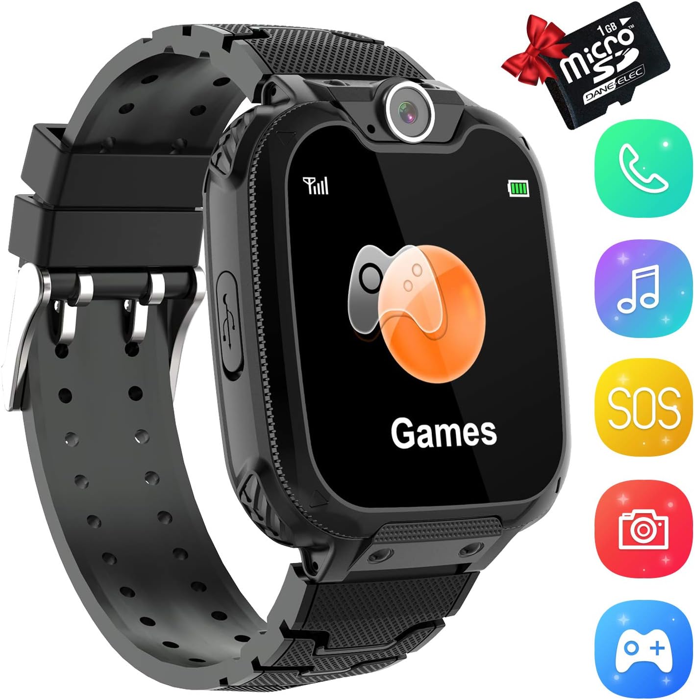 Kids Smartwatch Music Player Phone - Smart Game Smart Music Watch Touch Screen for 3-12 years Boys Girls with Came Slot SOS Game for SIM Card Childrens Gift [1GB Micro SD Included] (Black)