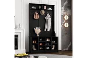 MOUMON Hall Tree with Storage Bench, 3-in-1 Entryway Bench with Coat Rack, Hall Tree with Bench and Shoe Storage, Open Shelves and Hanging Hooks, Black (39.4”W x 15.7”D x 68.5”H)