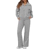 GRECERELLE Lounge Sets For Women 2026 Casual Lapel Half Zip Sweatshirt And Wide Leg Sweatpant 2 Piece Outfits Tracksuit Sets