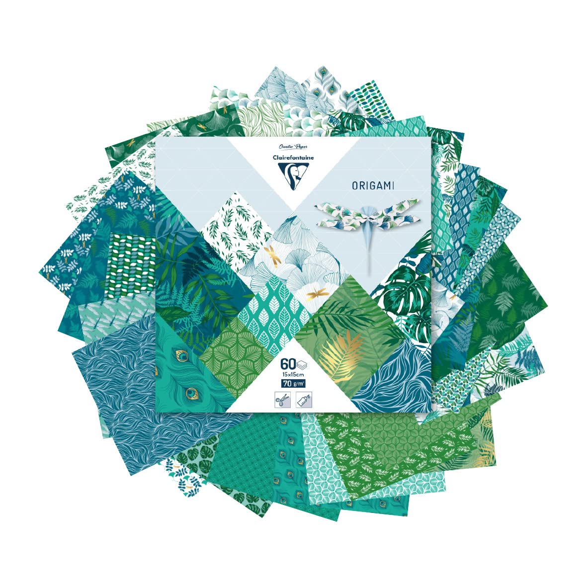 Clairefontaine 95354C 60 Sheets Origami Paper 70g/m² Format 15x15cm 30 Ast Coloured Designs 2 per design Creative Adults Children Collection Vegetal Chic