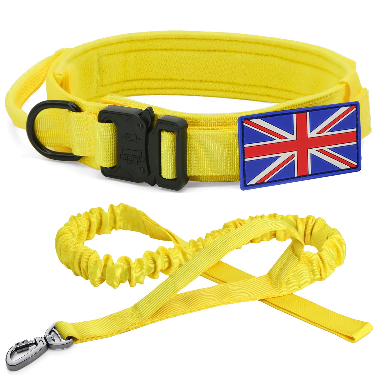 YoothBro K9 Military Dog Collar - UK Flag, Adjustable Nylon with Heavy Duty Metal Buckle, Medium Large Size, Yellow