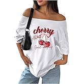 RoseSeek Women's Oversized Off The Shoulder Graphic Tees Letter Bow Print Short Sleeve T Shirt Y2K Tops