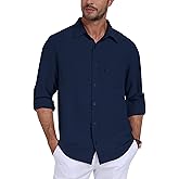 MoFiz Mens Button Down Shirts Long Sleeve Casual Linen Shirts with Pockets Beach Vacation Spring Shrits